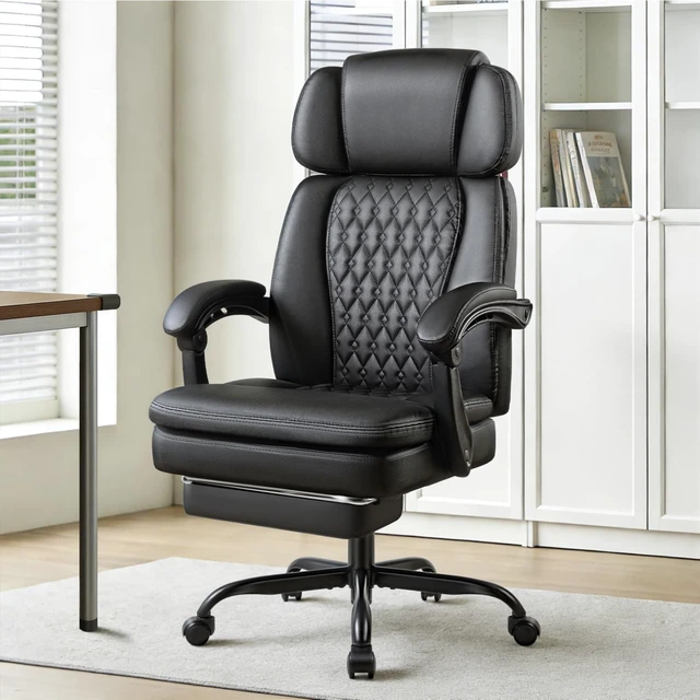 Alt view image 2 of 7 - 400 Lbs Office Chair with Foot Rest High Back Big & Tall Leather Executive Desk Chair, Heavy Duty Ergonomic for Home Office, Black
