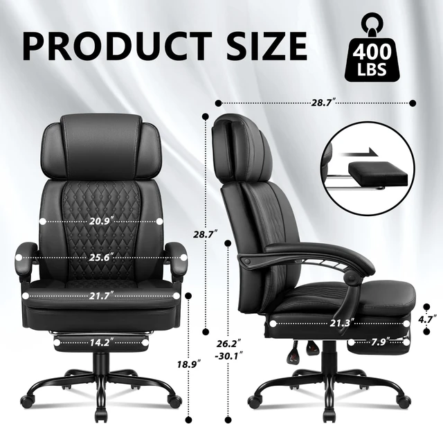 Alt view image 3 of 7 - 400 Lbs Office Chair with Foot Rest High Back Big & Tall Leather Executive Desk Chair, Heavy Duty Ergonomic for Home Office, Black
