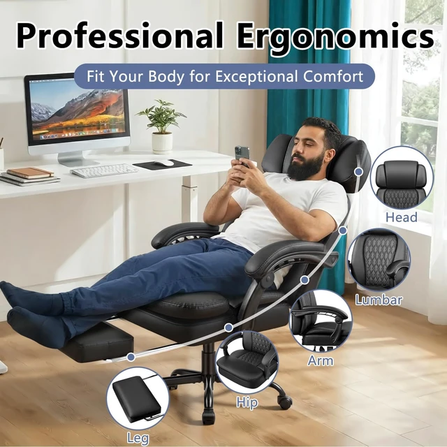 Alt view image 6 of 7 - 400 Lbs Office Chair with Foot Rest High Back Big & Tall Leather Executive Desk Chair, Heavy Duty Ergonomic for Home Office, Black