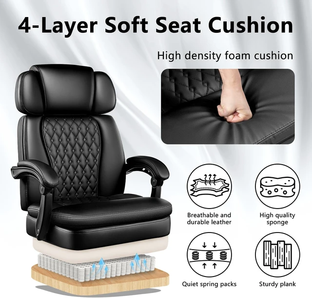 Alt view image 7 of 7 - 400 Lbs Office Chair with Foot Rest High Back Big & Tall Leather Executive Desk Chair, Heavy Duty Ergonomic for Home Office, Black