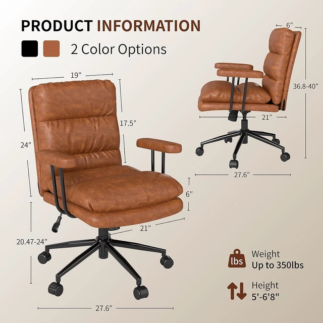 Alt view image 2 of 7 - Brown Mid Century Modern Leather Office Chair with Wheels