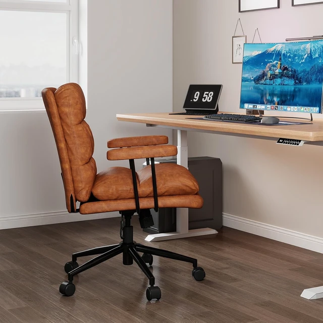 Alt view image 5 of 7 - Brown Mid Century Modern Leather Office Chair with Wheels