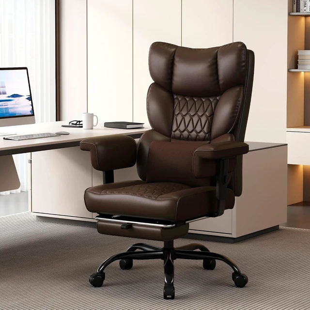 Alt view image 2 of 7 - Big & Tall Office Chair with Footrest & Lumbar Support Pillow High Back Faux Leather Gaming Chair with Adjustable Lift Armrest & 155° Recline for Home or Office, Brown