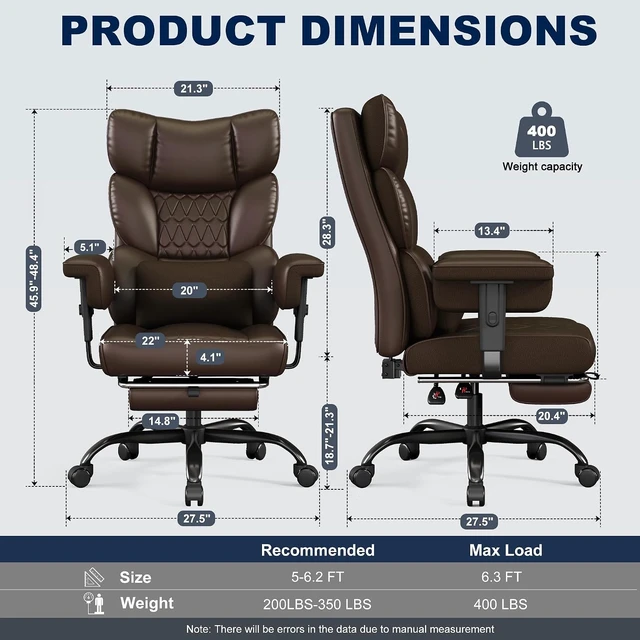 Alt view image 3 of 7 - Big & Tall Office Chair with Footrest & Lumbar Support Pillow High Back Faux Leather Gaming Chair with Adjustable Lift Armrest & 155° Recline for Home or Office, Brown