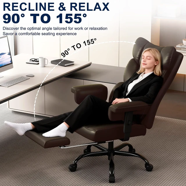 Alt view image 4 of 7 - Big & Tall Office Chair with Footrest & Lumbar Support Pillow High Back Faux Leather Gaming Chair with Adjustable Lift Armrest & 155° Recline for Home or Office, Brown