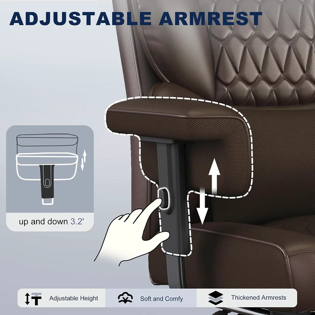 Alt view image 5 of 7 - Big & Tall Office Chair with Footrest & Lumbar Support Pillow High Back Faux Leather Gaming Chair with Adjustable Lift Armrest & 155° Recline for Home or Office, Brown