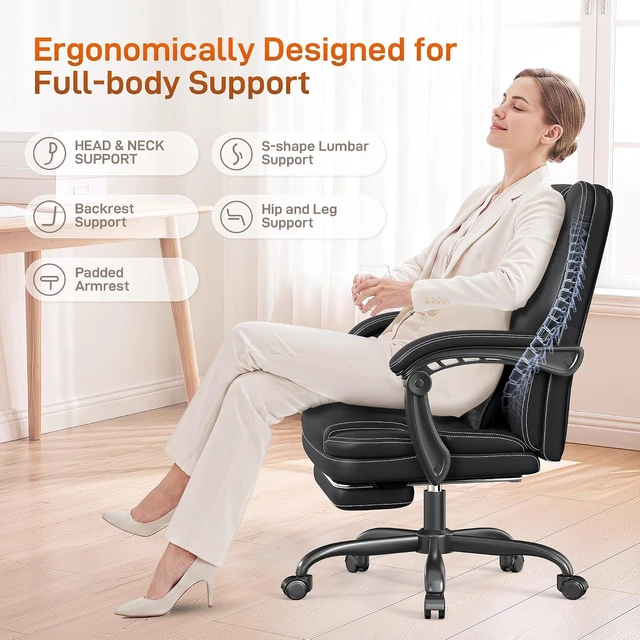 Alt view image 3 of 7 - Black Ergonomic Executive Office Chair with Foot Rest Computer Desk Chair