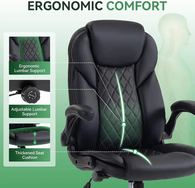 Alt view image 6 of 7 - Black High Back Ergonomic PU Leather Office Desk Chair