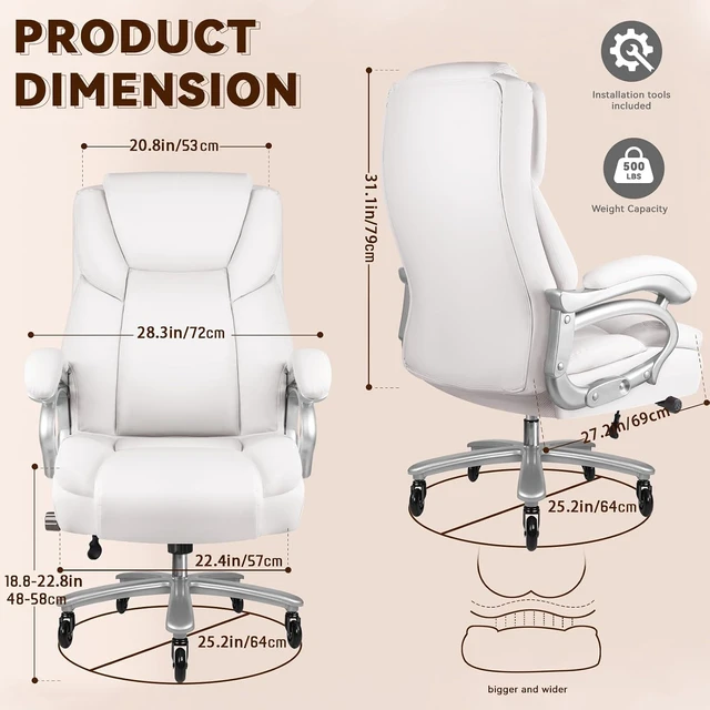 Alt view image 3 of 7 - 500 Lbs Big & Tall Office Chair Heavy Duty High Back Executive with Adjustable Lumbar Support, Wide Seat & Quiet Rubber Wheels