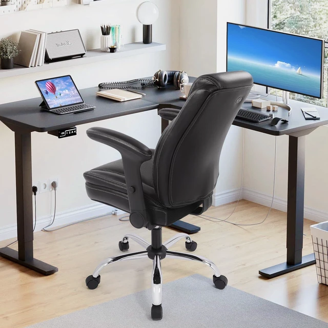 Alt view image 2 of 7 - Heavy Duty Ergonomic Mid-Back Bonded Leather Office Chair Adjustable Height/Tilt, Comfortable Swivel Task Stool with Functional Arms, Black