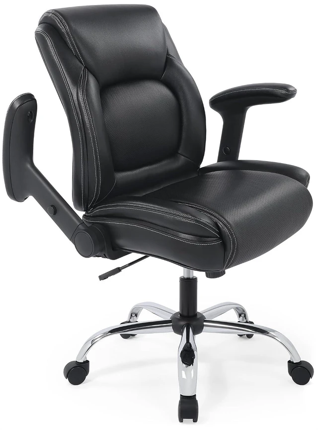 Main image of Heavy Duty Ergonomic Mid-Back Bonded Leather Office Chair Adjustable Height/Tilt, Comfortable Swivel Task Stool with Functional Arms, Black