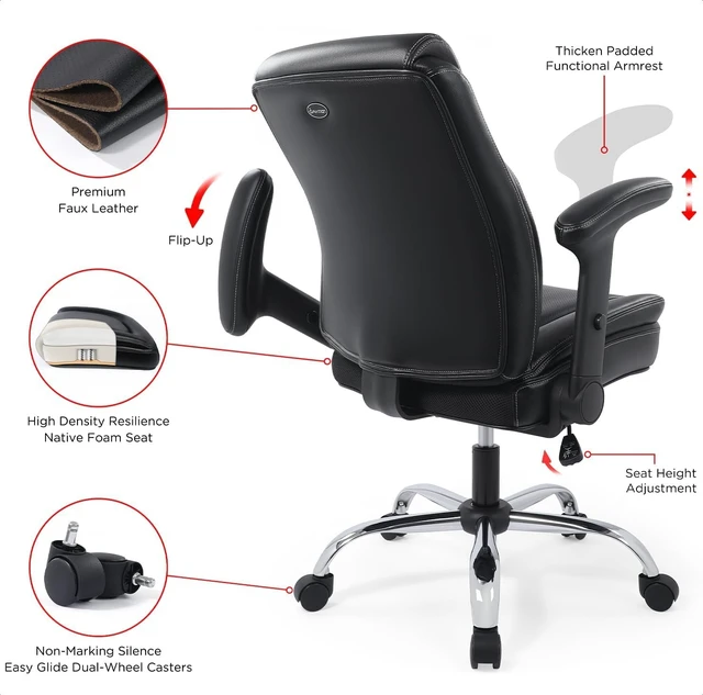 Alt view image 7 of 7 - Heavy Duty Ergonomic Mid-Back Bonded Leather Office Chair Adjustable Height/Tilt, Comfortable Swivel Task Stool with Functional Arms, Black