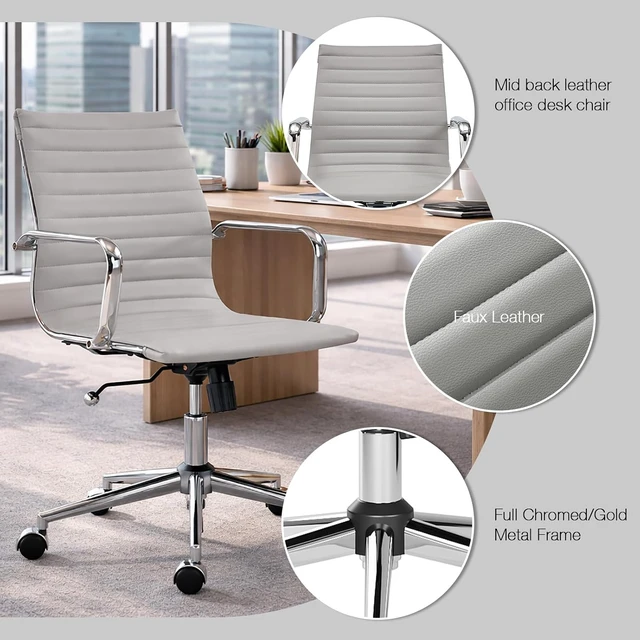 Alt view image 3 of 7 - Gray Modern Executive Office Chair Leather Mid Back Adjustable Swivel Computer Chair with Lumbar Support for Conference Room & Home Office (Gray)