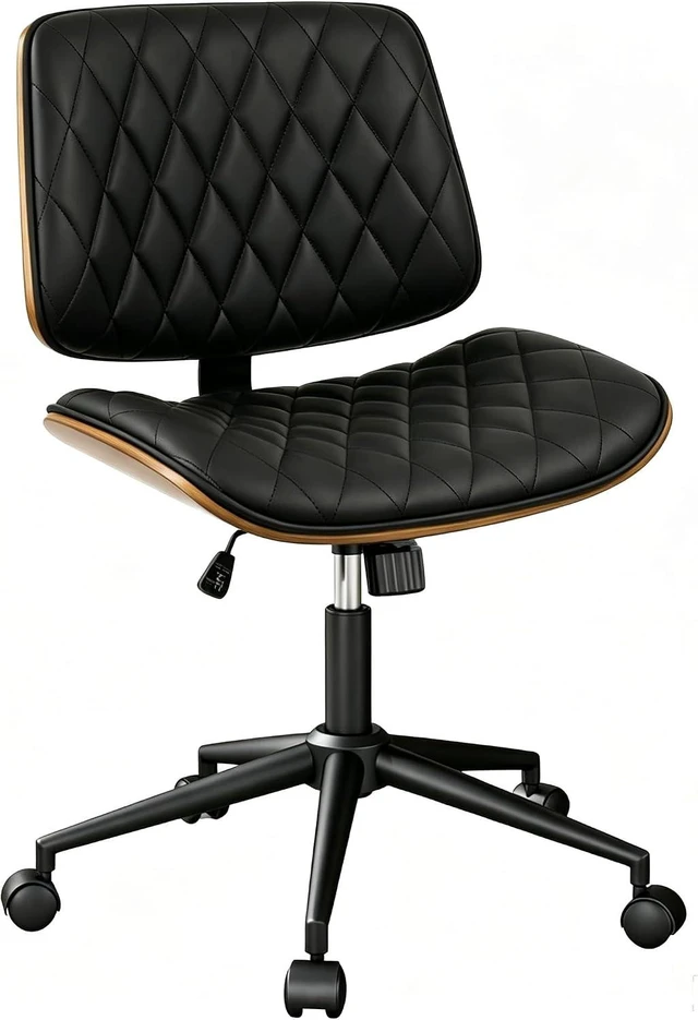 Main image of PU Leather Mid Back Home Office Chair with Wheels Adjustable Height Armless 360 Swivel Computer Chair, Modern Walnut for Meeting & Reading Room, Black (1 pk)