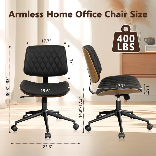 Alt view image 3 of 7 - PU Leather Mid Back Home Office Chair with Wheels Adjustable Height Armless 360 Swivel Computer Chair, Modern Walnut for Meeting & Reading Room, Black (1 pk)