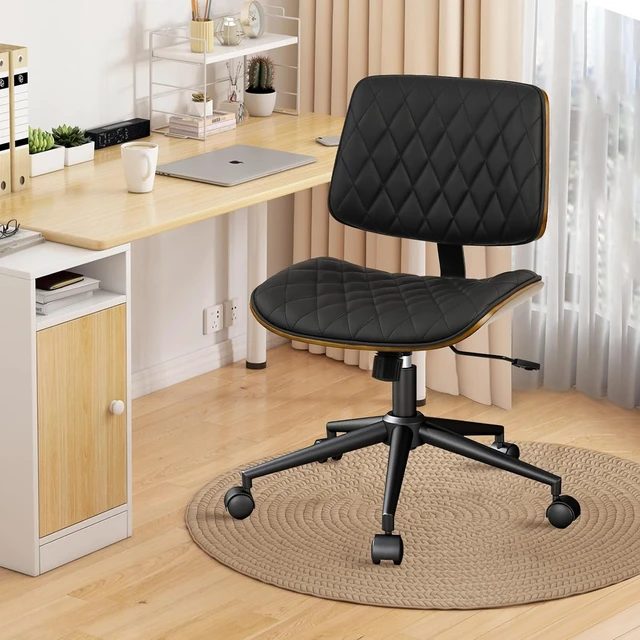 Alt view image 2 of 7 - PU Leather Mid Back Home Office Chair with Wheels Adjustable Height Armless 360 Swivel Computer Chair, Modern Walnut for Meeting & Reading Room, Black (1 pk)