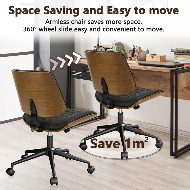 Alt view image 4 of 7 - PU Leather Mid Back Home Office Chair with Wheels Adjustable Height Armless 360 Swivel Computer Chair, Modern Walnut for Meeting & Reading Room, Black (1 pk)