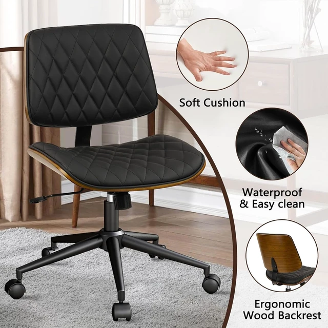 Alt view image 5 of 7 - PU Leather Mid Back Home Office Chair with Wheels Adjustable Height Armless 360 Swivel Computer Chair, Modern Walnut for Meeting & Reading Room, Black (1 pk)