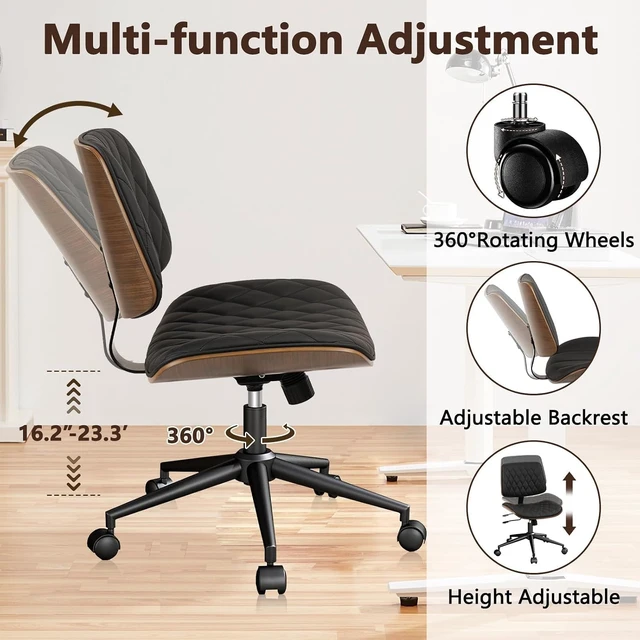 Alt view image 6 of 7 - PU Leather Mid Back Home Office Chair with Wheels Adjustable Height Armless 360 Swivel Computer Chair, Modern Walnut for Meeting & Reading Room, Black (1 pk)