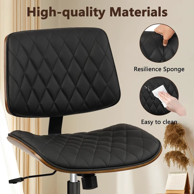 Alt view image 7 of 7 - PU Leather Mid Back Home Office Chair with Wheels Adjustable Height Armless 360 Swivel Computer Chair, Modern Walnut for Meeting & Reading Room, Black (1 pk)