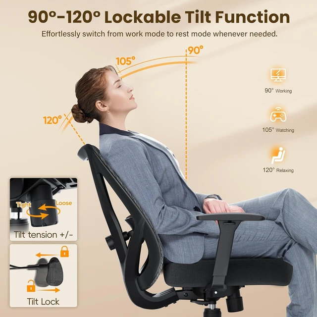 Alt view image 7 of 7 - BIFMA X5.1 Certified Ergonomic Mesh Office Chair Adjustable Lumbar Support, 3D Arm, Tilt Back & Wide Seat for Company & Home (Onyx Black)