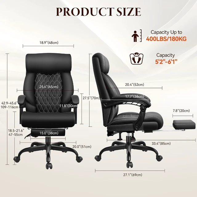 Alt view image 2 of 7 - Big & Tall Office Chair with Footrest Ergonomic High Back Leather Executive Computer Chair