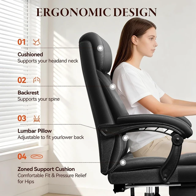Alt view image 3 of 7 - Big & Tall Office Chair with Footrest Ergonomic High Back Leather Executive Computer Chair