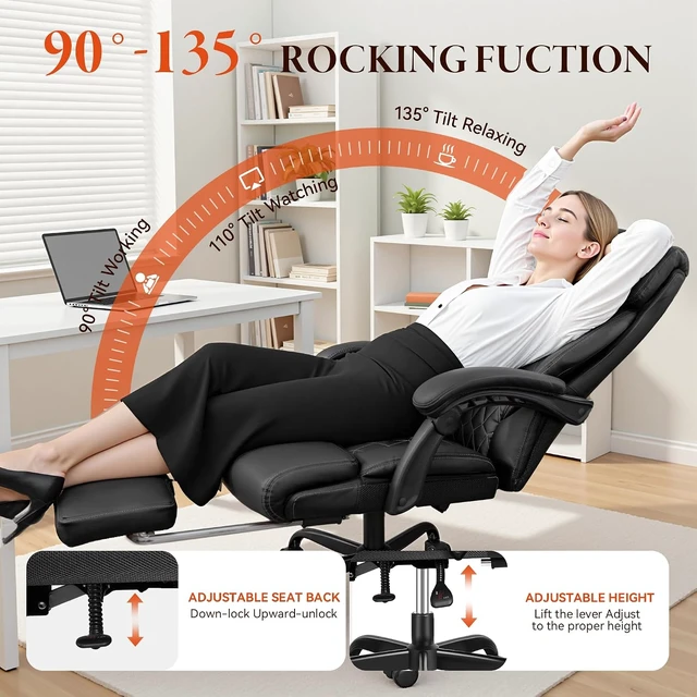 Alt view image 4 of 7 - Big & Tall Office Chair with Footrest Ergonomic High Back Leather Executive Computer Chair