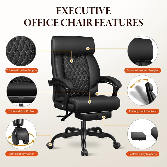 Alt view image 7 of 7 - Big & Tall Office Chair with Footrest Ergonomic High Back Leather Executive Computer Chair