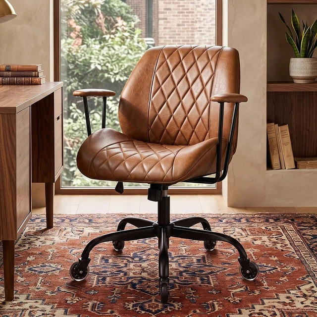 Alt view image 2 of 7 - Brown Ergonomic PU Leather Office Chair with Removable Armrests Rubber Casters, Tilt Function, Adjustable Height Swivel Rolling Computer Chair for Home & Office