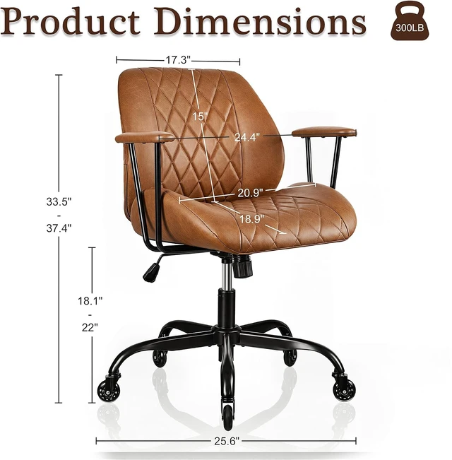 Alt view image 3 of 7 - Brown Ergonomic PU Leather Office Chair with Removable Armrests Rubber Casters, Tilt Function, Adjustable Height Swivel Rolling Computer Chair for Home & Office