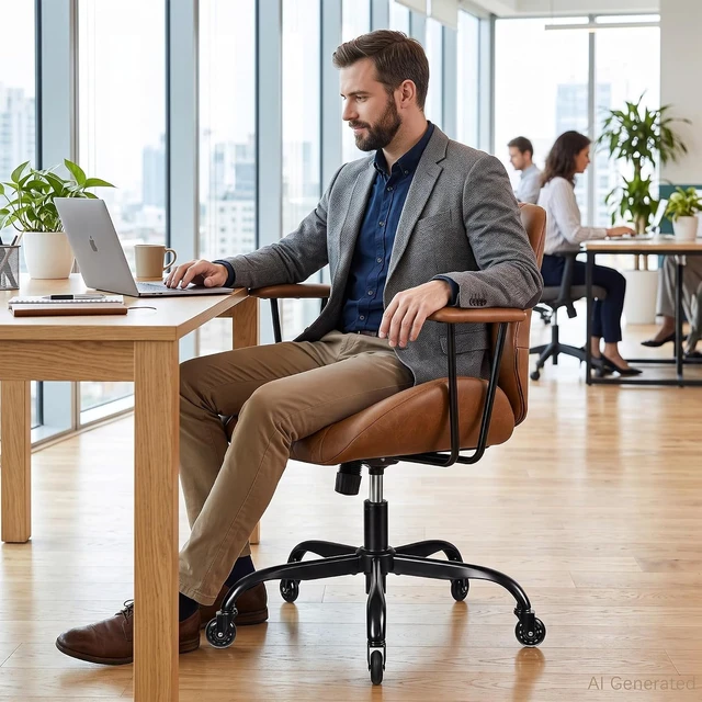 Alt view image 6 of 7 - Brown Ergonomic PU Leather Office Chair with Removable Armrests Rubber Casters, Tilt Function, Adjustable Height Swivel Rolling Computer Chair for Home & Office