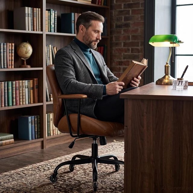 Alt view image 4 of 7 - Brown Ergonomic PU Leather Office Chair with Removable Armrests Rubber Casters, Tilt Function, Adjustable Height Swivel Rolling Computer Chair for Home & Office