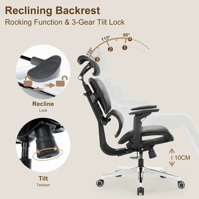 Alt view image 6 of 7 - Big & Tall Ergonomic Mesh Office Chair with Adjustable Lumbar Support, Headrest & Tilt High Back Executive Desk Chair with 360° Swivel for Home Office, Black