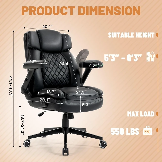 Alt view image 2 of 7 - 550 Lbs Executive Office Chair with Large 5D Flip Armrests for Heavy People