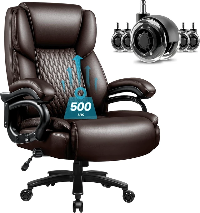 Main image of 500 Lbs Capacity X-Large Office Chair Ergonomic PU Leather Executive Chair with Lumbar Support & Quiet Rubber Wheels, Comfy Heavy Duty, Brown