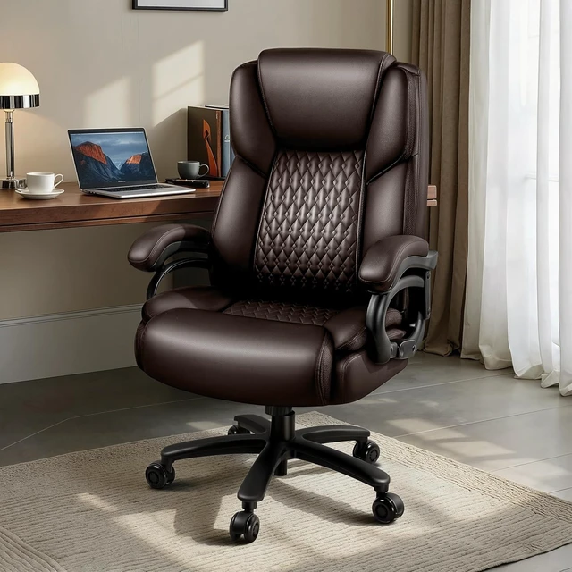 Alt view image 2 of 7 - 500 Lbs Capacity X-Large Office Chair Ergonomic PU Leather Executive Chair with Lumbar Support & Quiet Rubber Wheels, Comfy Heavy Duty, Brown