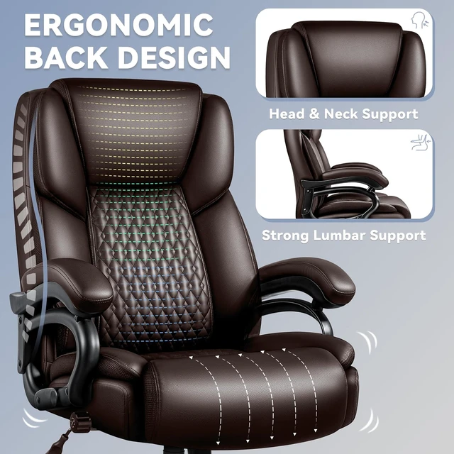 Alt view image 4 of 7 - 500 Lbs Capacity X-Large Office Chair Ergonomic PU Leather Executive Chair with Lumbar Support & Quiet Rubber Wheels, Comfy Heavy Duty, Brown