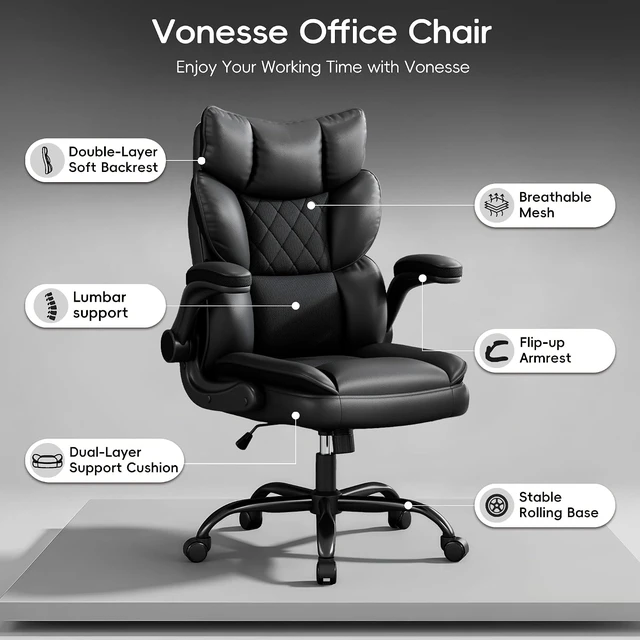 Alt view image 3 of 7 - PU Leather Gaming Office Chair with Flip-Up Armrests Double-Layered Soft Backrest & Breathable Seat Cushion (Black)