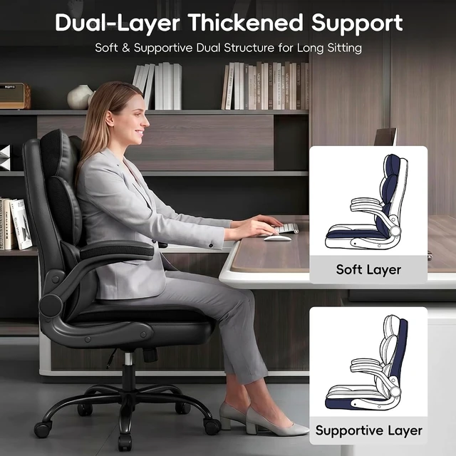Alt view image 4 of 7 - PU Leather Gaming Office Chair with Flip-Up Armrests Double-Layered Soft Backrest & Breathable Seat Cushion (Black)