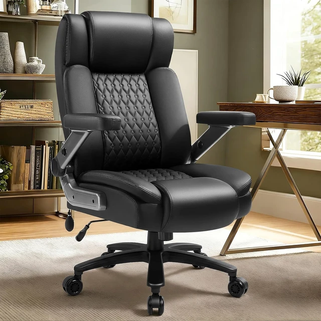 Alt view image 2 of 7 - 600lbs Big & Tall Heavy Duty Executive Office Chair Ergonomic Desk Chair with 5D Flip Arms, Adjustable Lumbar Support, Rubber Wheels & PU Leather, Black