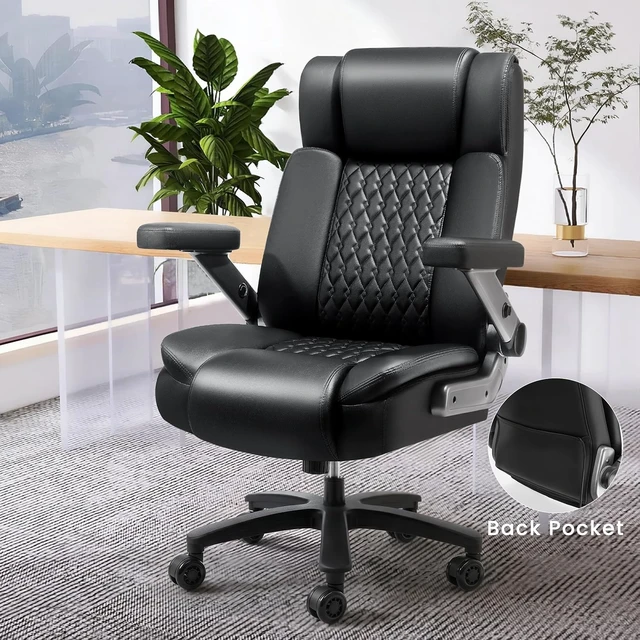 Alt view image 4 of 7 - 600lbs Big & Tall Heavy Duty Executive Office Chair Ergonomic Desk Chair with 5D Flip Arms, Adjustable Lumbar Support, Rubber Wheels & PU Leather, Black