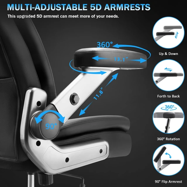 Alt view image 7 of 7 - 600lbs Big & Tall Heavy Duty Executive Office Chair Ergonomic Desk Chair with 5D Flip Arms, Adjustable Lumbar Support, Rubber Wheels & PU Leather, Black
