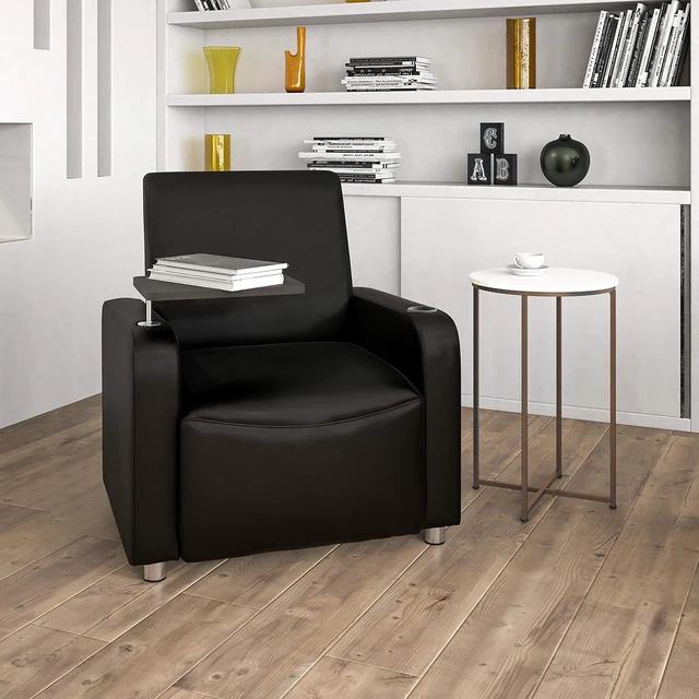 Alt view image 2 of 7 - George LeatherSoft Upholstered Guest Chair with Tablet Arm & Cup Holder for Offices and Waiting Rooms, Black