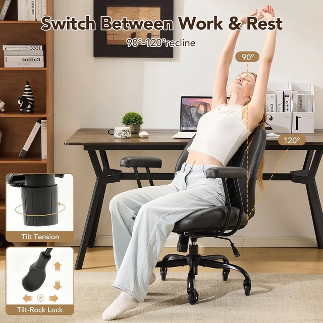 Alt view image 3 of 6 - Ergonomic Home Office Computer Chair Adjustable Height Rolling Swivel Executive Task Chair with Lumbar Support, Armrests & Rubber Casters, Black PU
