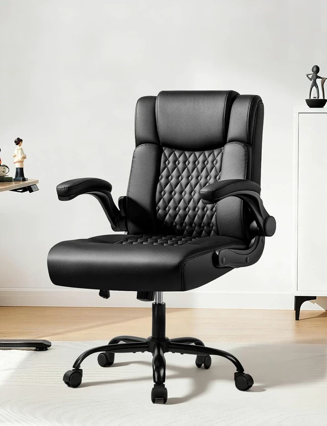 Alt view image 2 of 7 - Ergonomic Executive Office Chair Home Office Desk Chair with Lumbar Support & Flip-Up Armrest, PU Leather Computer Seating for Short People, Black