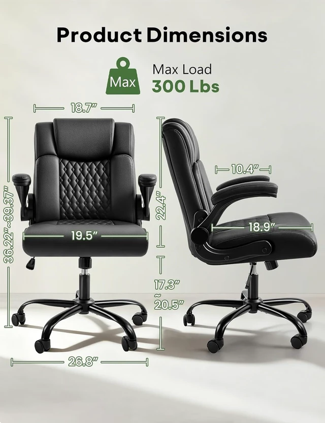 Alt view image 3 of 7 - Ergonomic Executive Office Chair Home Office Desk Chair with Lumbar Support & Flip-Up Armrest, PU Leather Computer Seating for Short People, Black