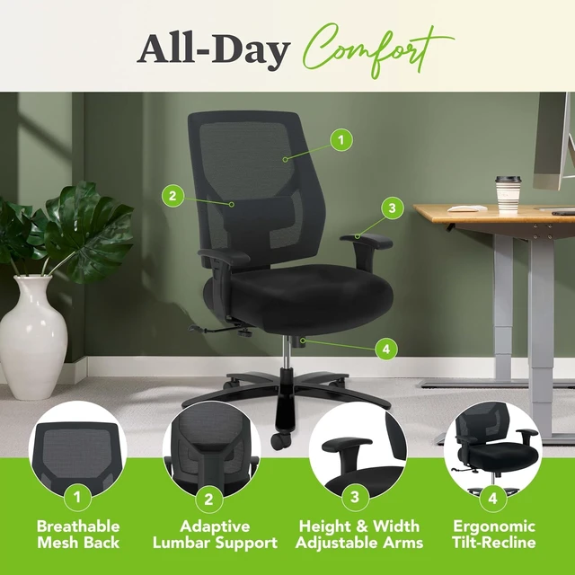Alt view image 4 of 6 - Crio Big & Tall Ergonomic Office Chair, Heavy Duty Desk Chair, Black