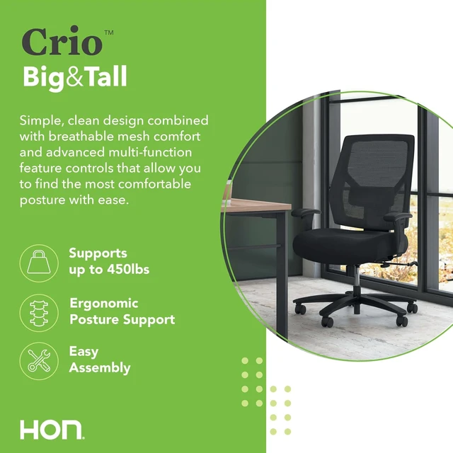 Alt view image 3 of 6 - Crio Big & Tall Ergonomic Office Chair, Heavy Duty Desk Chair, Black