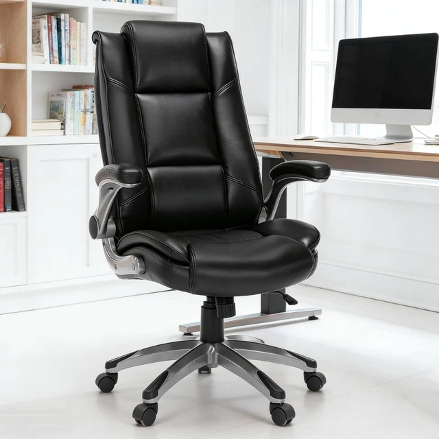 Alt view image 2 of 7 - Leather High Back Executive Office Chair Home Computer Desk Chair with Padded Flip-Up Arms, Adjustable Tilt Lock, Swivel Rolling, for Adult Work & Study, Black